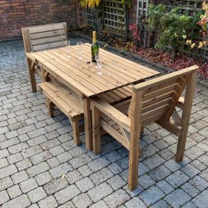 4ft 6Inch Garden Table Set (Straight Edge) Including 2 Chairs and Two Form Benches